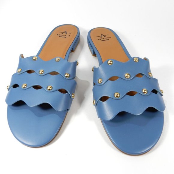 Aquatalia Torri Flat Slide SANDALS Size Blue 8.5 Leather Studded NEW $295 - Picture 1 of 6